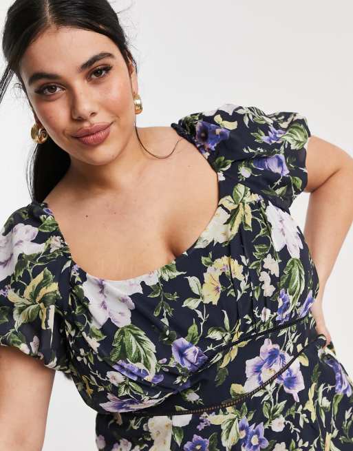 Hope & Ivy Plus puff sleeve wide leg jumpsuit in navy based floral, 3 of 4