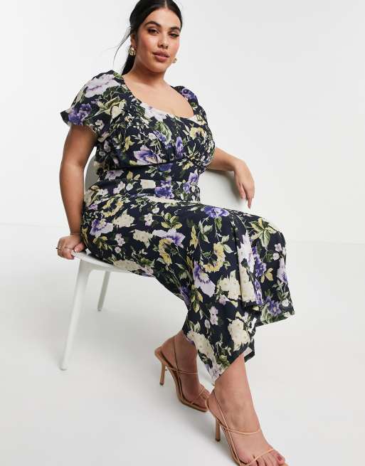 Hope & Ivy Plus puff sleeve wide leg jumpsuit in navy based floral, 4 of 4