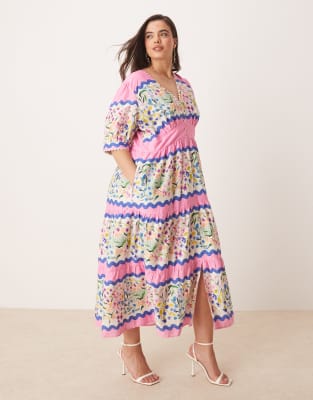 rik rak puff sleeve midi dress in navy shell print