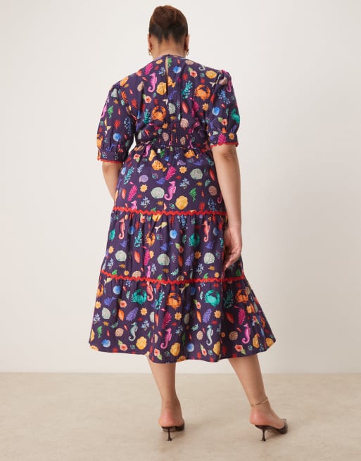 Hope & Ivy Plus rik rak puff sleeve midi dress in navy shell print | ASOS