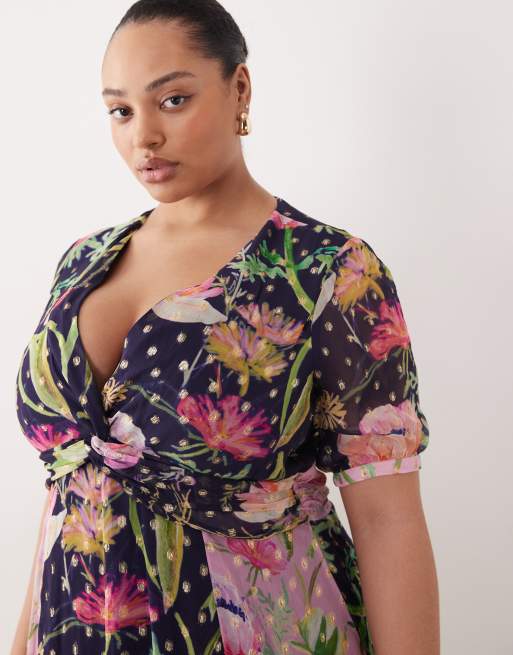 Hope & Ivy Plus - Robe cache-cœur mi-longue à fleurs avec effet moucheté doré - Bleu, 4 de 4