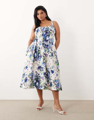 Hope & Ivy Plus - Robe corset mi-longue coupe trapèze à bretelles fines et imprimé fleuri à pois - Blanc/bleu