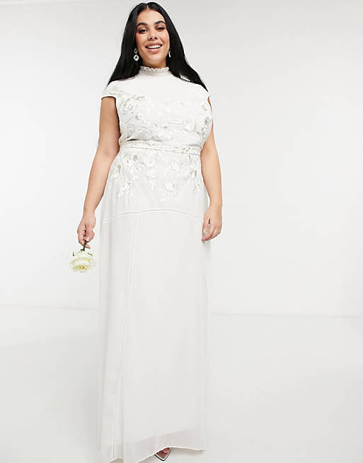 Hope & Ivy Plus - Robe de mariée longue ornée de perles et de fleurs avec goutte d'eau dans le dos