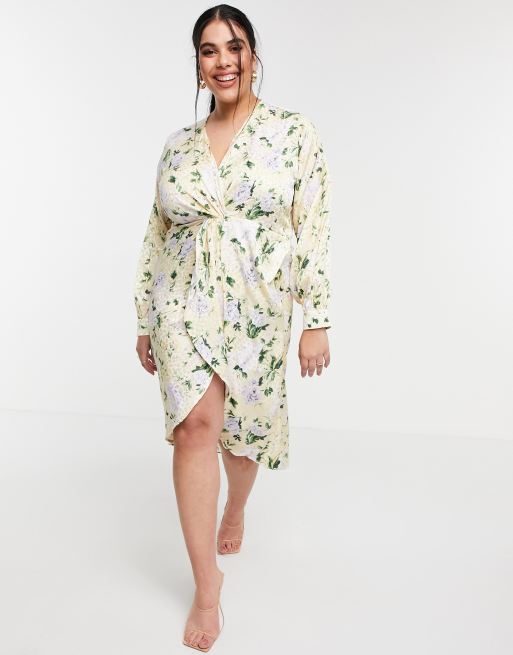 Hope & Ivy Plus - Robe kimono mi-longue torsadée à l'avant à manches longues - Jaune pastel fleuri, 4 de 4