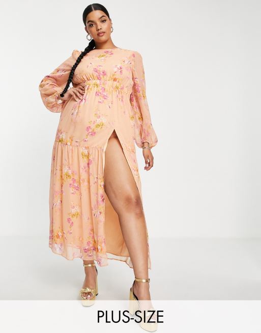 Hope & Ivy Plus - Robe longue à fleurs avec découpes et manches bouffantes - Pêche et ocre