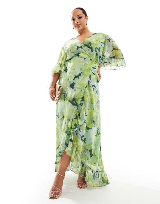 Hope & Ivy Plus - Robe longue cache-cœur à imprimé fleuri avec volants - Vert