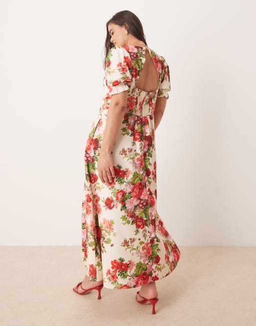 Hope & Ivy Plus - Robe mi-longue à fleurs avec encolure carrée et dos ouvert - Blanc et rouge, 4 de 4