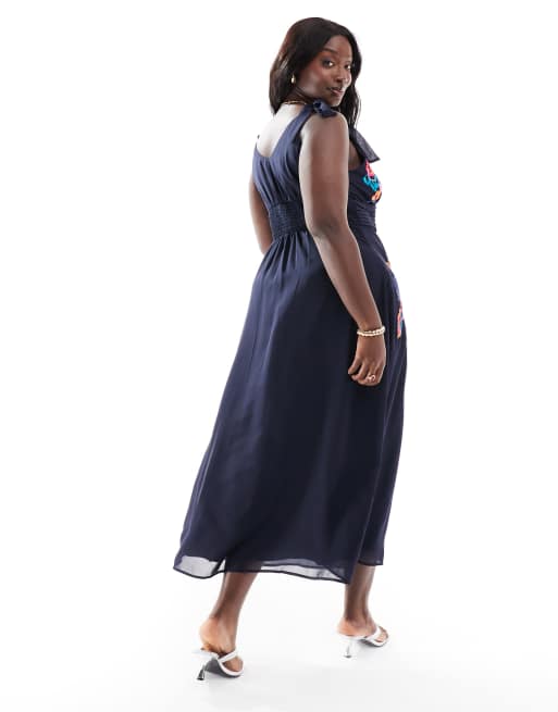 Hope & Ivy Plus - Robe mi-longue avec broderies et liens aux épaules - Bleu marine, 3 de 4