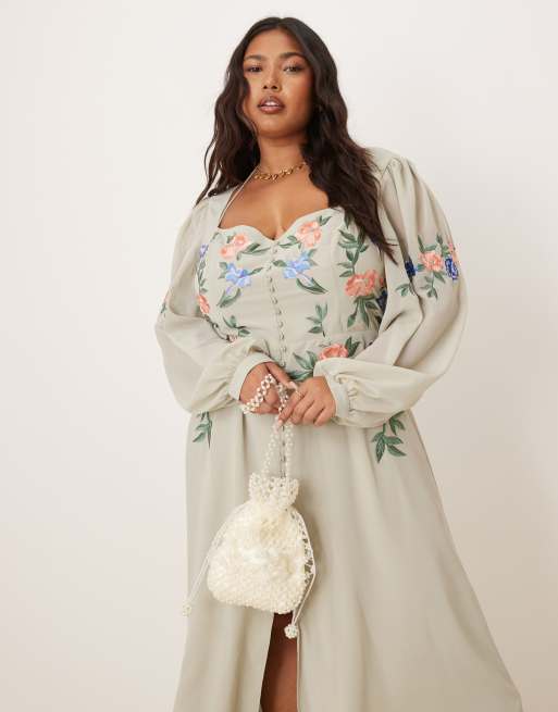 Hope & Ivy Plus - Robe mi-longue brodée à encolure carrée et dos découvert - Sauge, 3 de 4