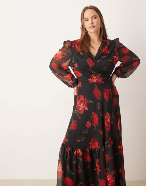Hope & Ivy Plus - Robe portefeuille longue à fleurs - Noir et rouge, 2 de 4