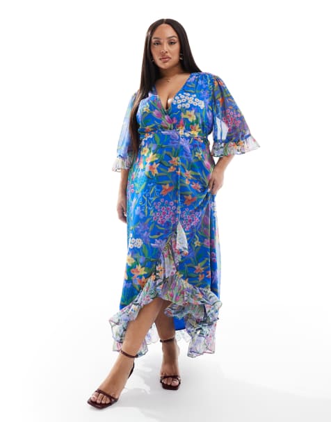 Hope & Ivy Plus - Robe portefeuille longue imprimée avec manches à volants et liens à la taille - Bleu - view 1