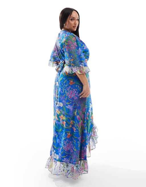 Hope & Ivy Plus - Robe portefeuille longue imprimée avec manches à volants et liens à la taille - Bleu, 3 de 4