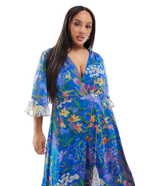 Hope & Ivy Plus - Robe portefeuille longue imprimée avec manches à volants et liens à la taille - Bleu, 4 de 4