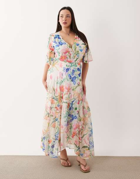 Hope & Ivy Plus - Robe portefeuille longue nouée à la taille à imprimé fleurs - Blanc - view 1