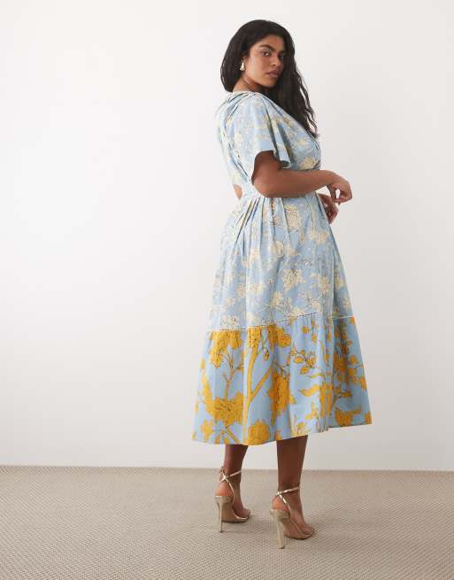 Hope & Ivy Plus - Robe portefeuille longueur mollet à imprimé fleuri - Bleu et jaune, 4 de 4