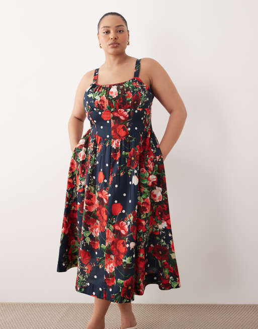 Hope & Ivy Plus - Robe trapèze mi-longue façon corset à bretelles - Bleu marine fleuri, 3 de 4