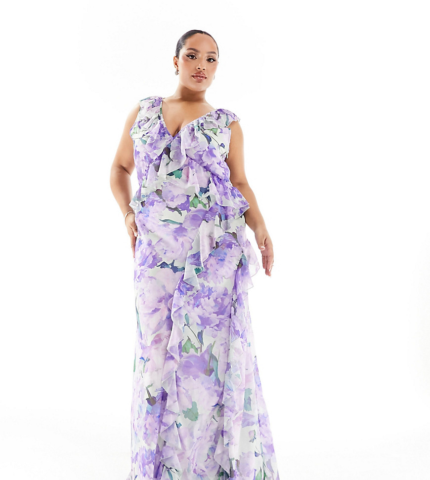 ruffle front maxi dress in lilac floral-Purple