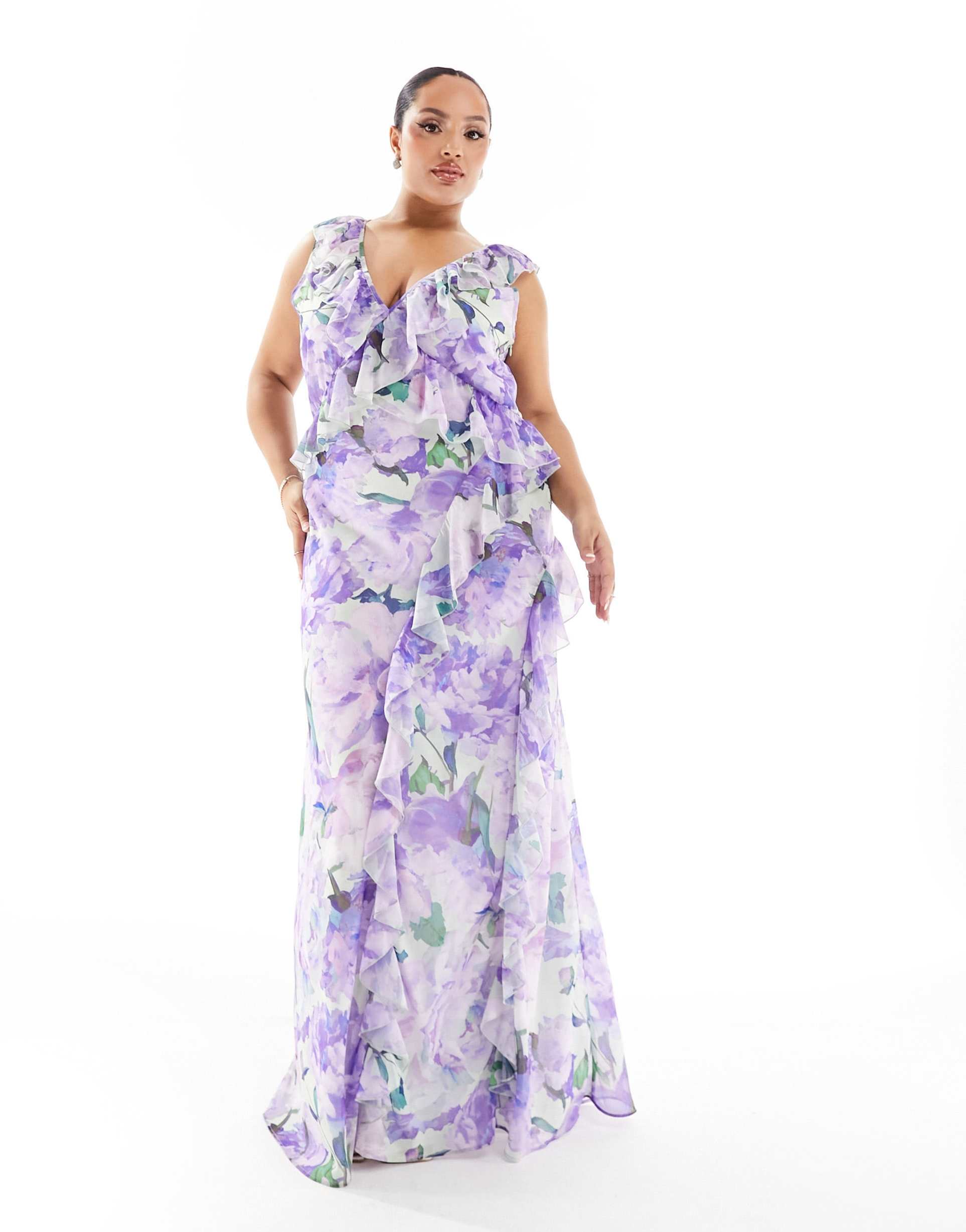 hope & ivy plus ruffle front maxi dress in lilac floral