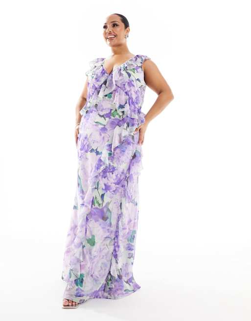 Hope & Ivy Plus ruffle front maxi dress in lilac floral, 4 of 4