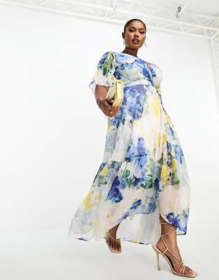 Hope & Ivy Plus ruffle wrap maxi dress in blue floral print - ASOS Price Checker