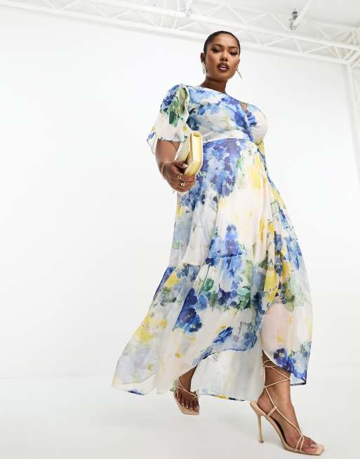 Blue And White Floral Maxi Dress With Frill Sleeves | Miss Floral | SilkFred