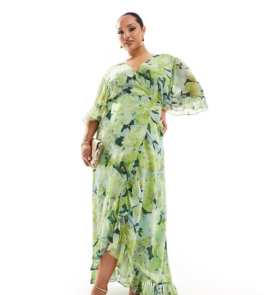 Hope & Ivy Plus ruffle wrap maxi dress in green floral