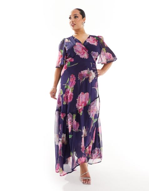 YOURS LONDON Plus Size Purple Lace Wrap Pleated Maxi Dress