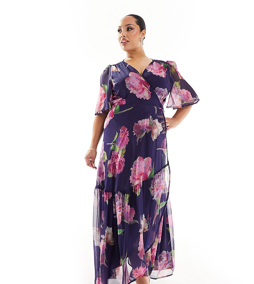 Hope & Ivy Plus ruffle wrap maxi dress in navy & pink
