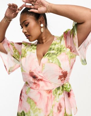Hope & Ivy Plus Ruffle Wrap Maxi Dress In Pink Floral Print-multi