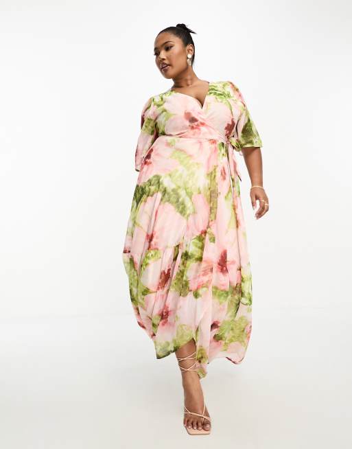 Hope & Ivy Plus ruffle wrap maxi dress in pink floral print