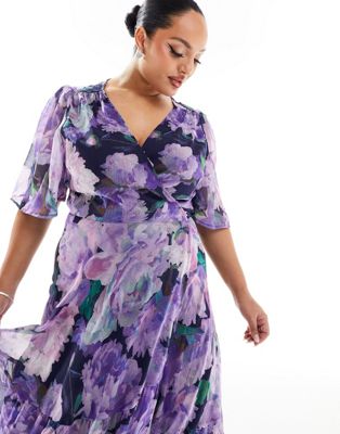 ruffle wrap maxi dress in purple floral