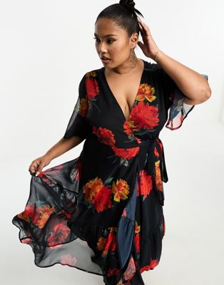 Hope & Ivy Plus ruffle wrap maxi dress in red floral - ASOS Price Checker