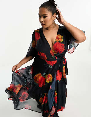 Hope & Ivy Plus ruffle wrap maxi dress in red floral