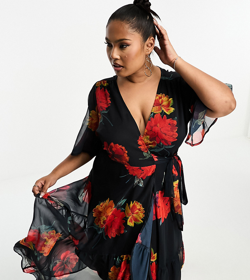 Hope & Ivy Plus ruffle wrap maxi dress in red floral