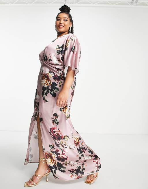 Hope & Ivy - Plus - Satijnen maxi-jurk met kimonomouwen in mauve, 4 van 4