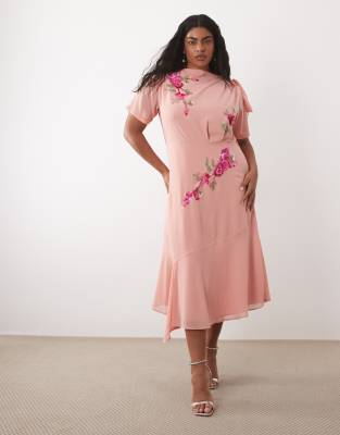 Hope & Ivy Plus Slash Neck Tie Shoulder Embroidered Midi Dress In Pink
