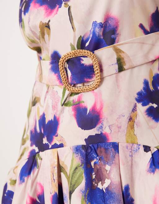 Hope & Ivy Plus square neck drop waist midi dress in purple floral, 2 of 4