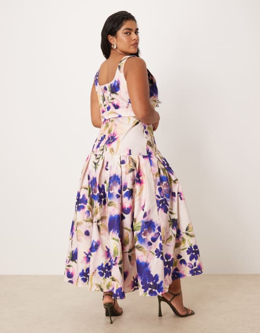 Hope & Ivy Plus square neck drop waist midi dress in purple floral, 3 of 4