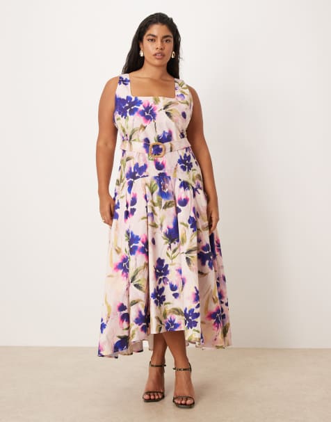 Hope & Ivy Plus square neck dropped waist midi dress in purple floral - view 1