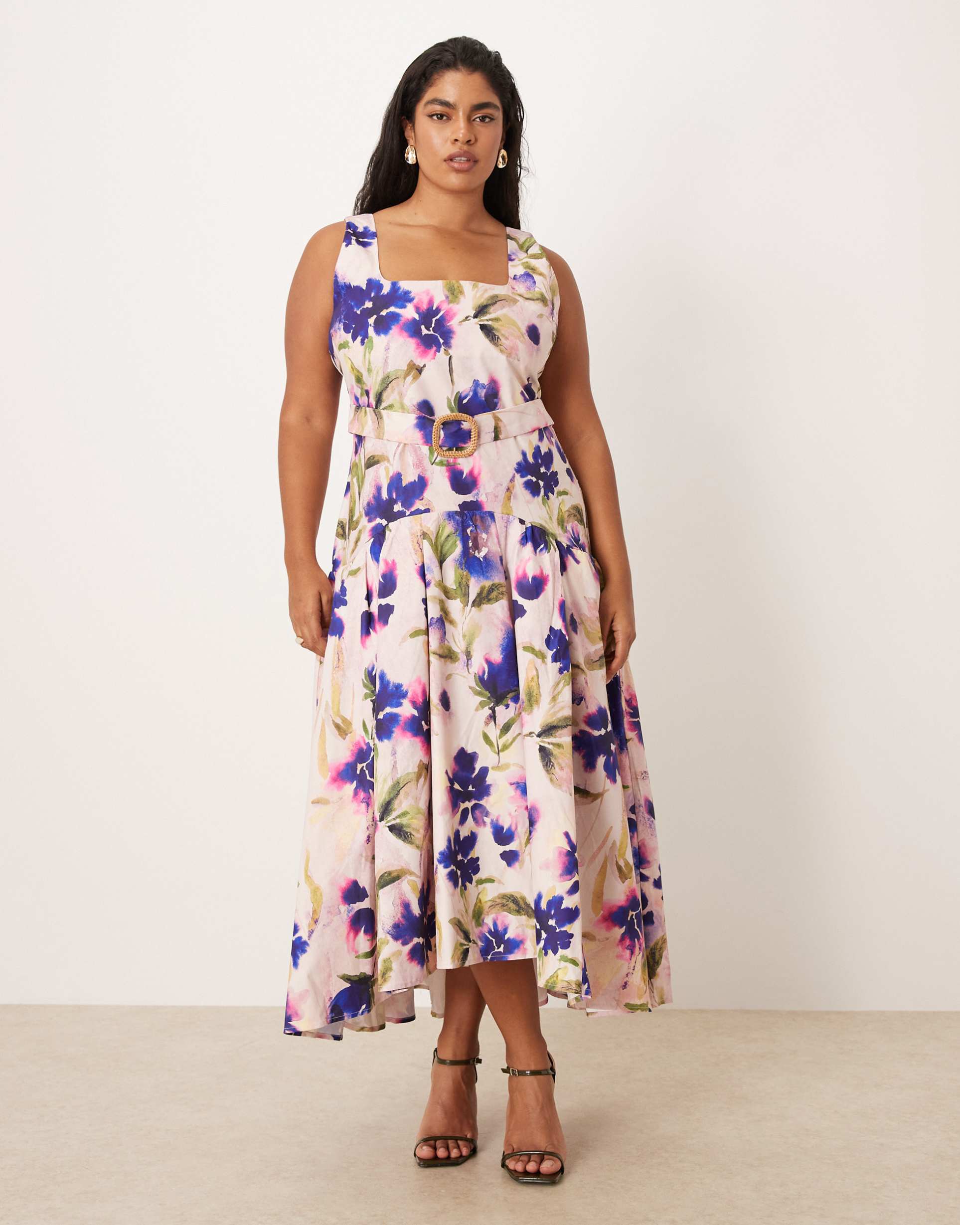 hope & ivy plus square neck dropped waist midi dress in purple floral
