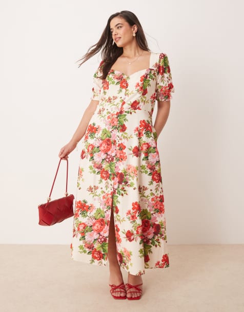 Hope & Ivy Plus square neck open back midi dress in white red floral - view 1