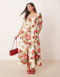 [Hope & Ivy Plus] Hope & Ivy Plus square neck open back midi dress in white red floral 18 Red Multi