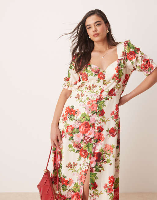Hope & Ivy Plus square neck open back midi dress in white red floral, 2 of 4