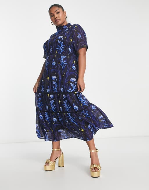 star print midi dress Star Print Belted Midi Dress in Navy