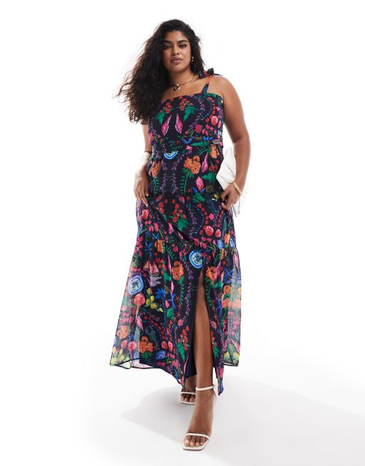 Hope & Ivy Plus – Sukienka maxi na wiązanych ramiączkach w jaskrawy kwiatowy wzór