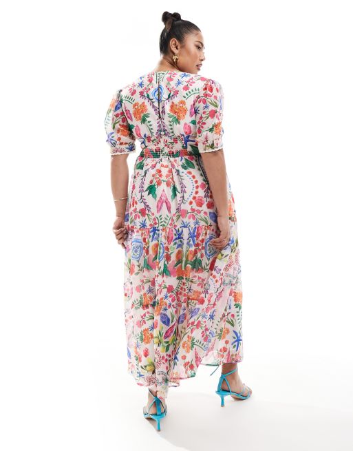 Hope & Ivy Plus tea midi dress in bright patchwork print