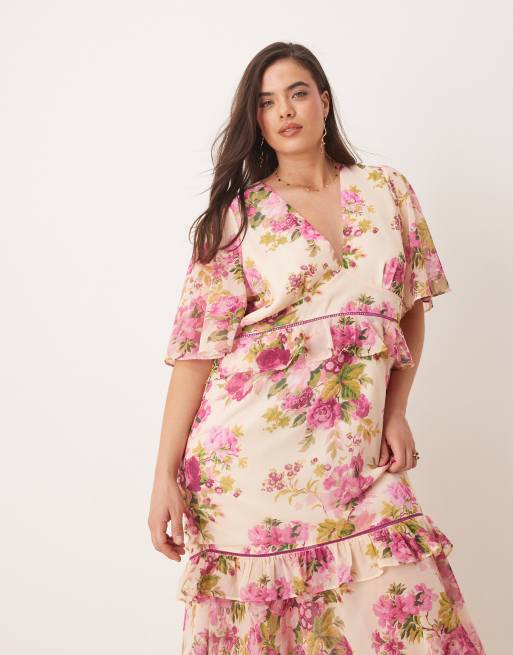 Hope & Ivy Plus - Tea-midikjole med peplum-talje og lyserødt blomstermønster, 4 af 4