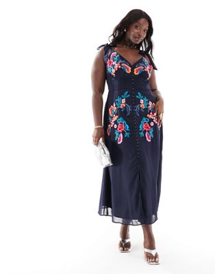 tie shoulder embroidered midi dress in navy-Blue