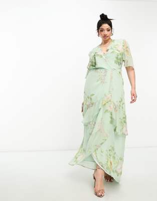 Hope & Ivy Plus tiered ruffle wrap maxi dress in sage green