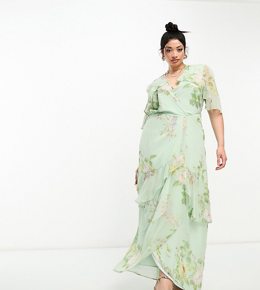 Hope & Ivy Plus tiered ruffle wrap maxi dress in sage green